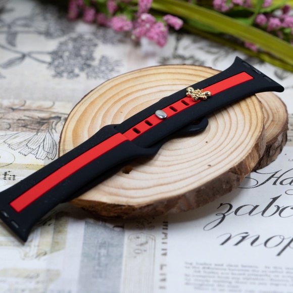 Apple Watch Band, Black and Red Stripes Silicone Strap w/ Bee Stud - Picture 4 of 5